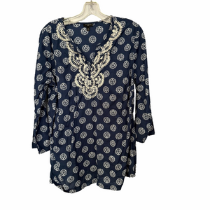 Talbots Navy Blue Embroidered Beaded Cotton Tunic 1X